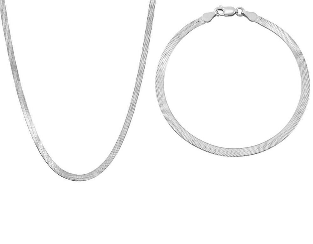 Sterling Silver Herringbone Chain Necklace Bracelet (2 Piece Set) Chic 3.5mm NEW